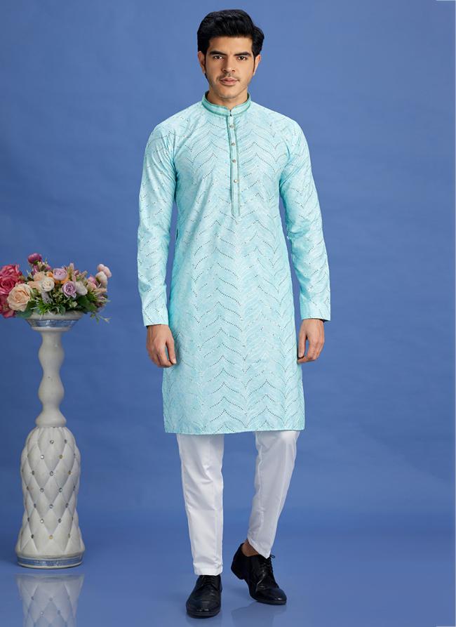 Cotton Teal Green Festival Wear Embroidery Work Kurta Pajama